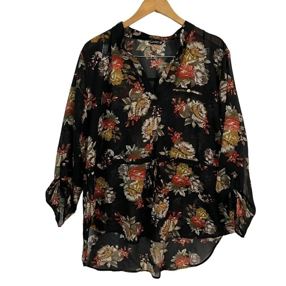 Indulge 2X Sheer Black Floral Blouse Drawstring Waist Pullover V Neck Collared - Picture 1 of 8